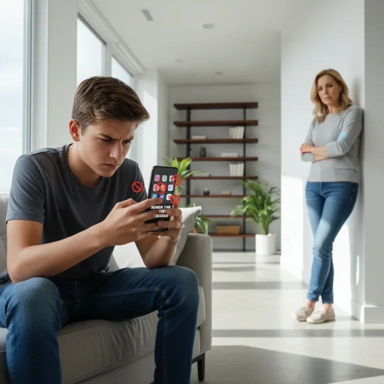 Adolescent consultant son smartphone avec des applications de réseaux sociaux bloquées