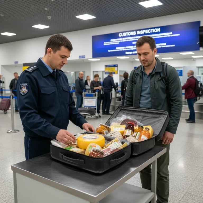 Agent des douanes contrôlant les bagages d'un voyageur avec des produits alimentaires importés