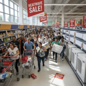 Clients se pressant dans les rayons d'un magasin Lidl lors d'une promotion sur les climatiseurs
