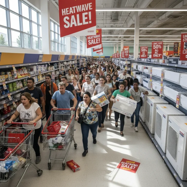 Clients se pressant dans les rayons d'un magasin Lidl lors d'une promotion sur les climatiseurs