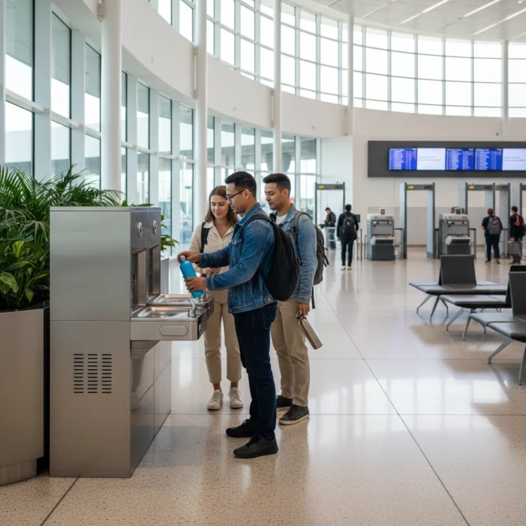 Distributeur d'eau gratuite à l'aéroport où les voyageurs remplissent leurs gourdes après les contrôles