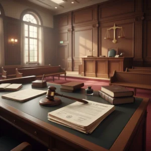 Documents juridiques et marteau de juge symbolisant une affaire de renonciation à succession tranchée par la justice