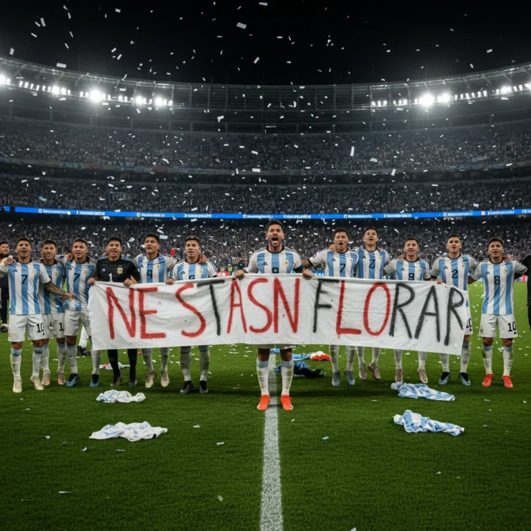 Joueurs de l'équipe d'Argentine célébrant avec une banderole controversée sur le terrain de football