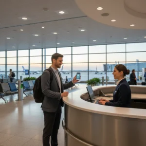Passager présentant sa carte d'identité numérique sur smartphone à un agent d'embarquement en aéroport