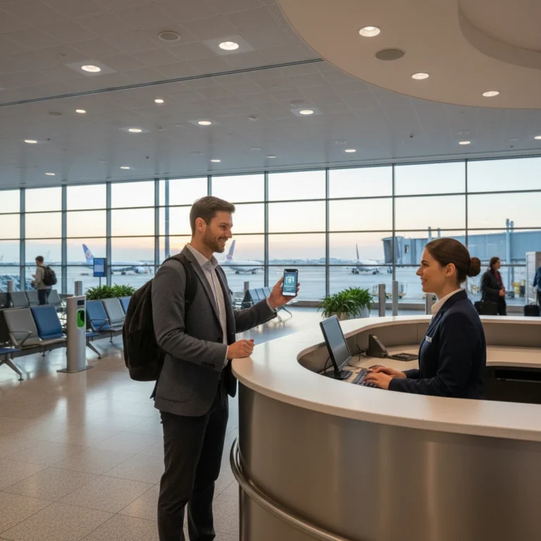 Passager présentant sa carte d'identité numérique sur smartphone à un agent d'embarquement en aéroport