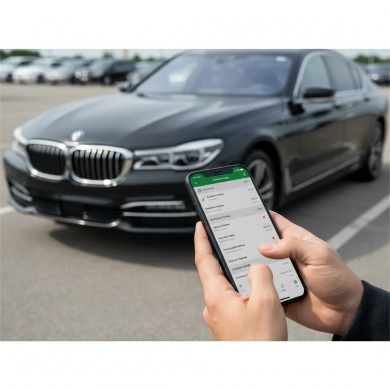 Personne consultant un rapport d'historique véhicule sur smartphone près d'une voiture de location