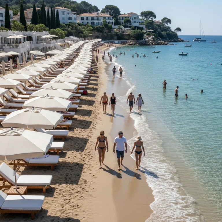 Plage privée avec transats d'hôtel et promeneurs accédant librement au bord de mer en France