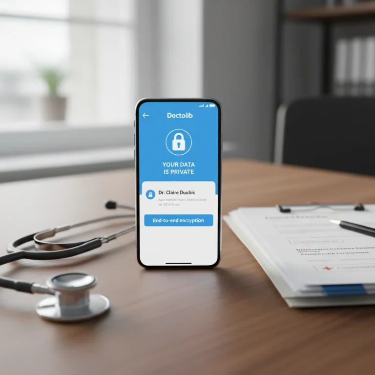 Smartphone affichant l'application Doctolib avec documents médicaux illustrant les données de santé
