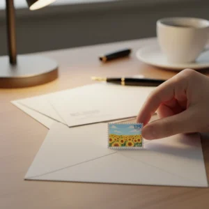 Timbre lettre verte 2026 collé sur une enveloppe
