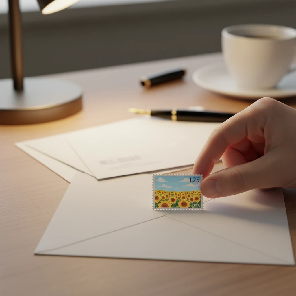 Timbre lettre verte 2026 collé sur une enveloppe