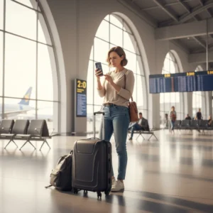 Voyageur utilisant son smartphone avec eSIM voyage pour se connecter à l'aéroport sans frais de hors-forfait