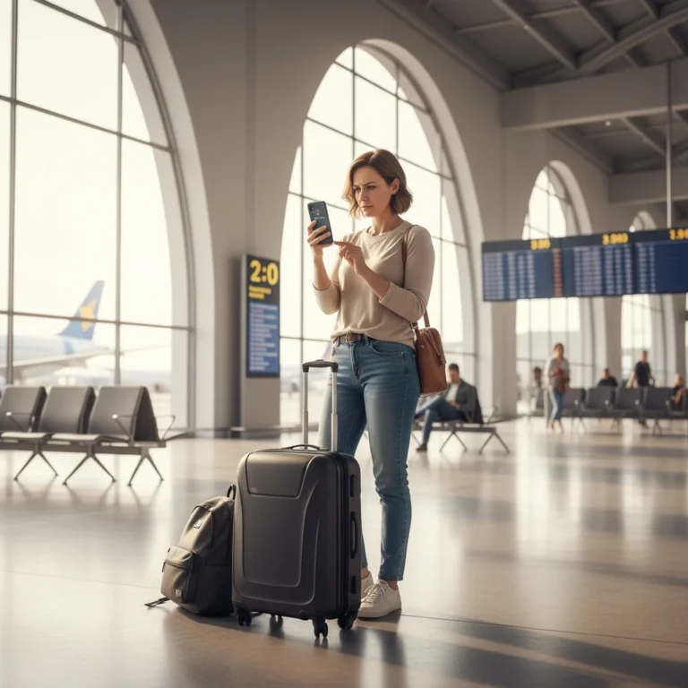 Voyageur utilisant son smartphone avec eSIM voyage pour se connecter à l'aéroport sans frais de hors-forfait