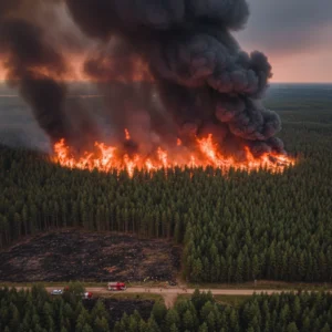 Vue aérienne d'un incendie de forêt avec flammes et fumée noire se propageant dans les arbres