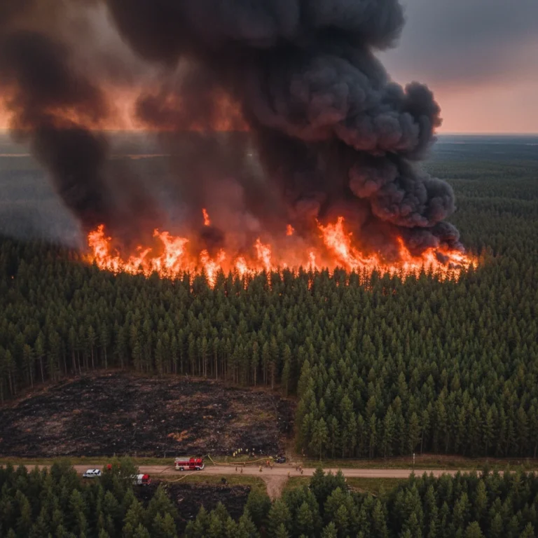Vue aérienne d'un incendie de forêt avec flammes et fumée noire se propageant dans les arbres