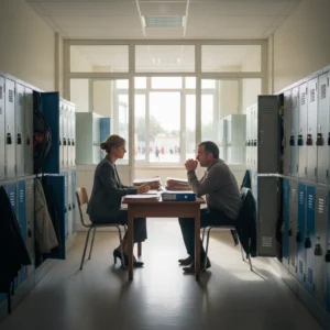 Parent discutant avec un chef d'établissement scolaire au sujet du harcèlement scolaire de son enfant