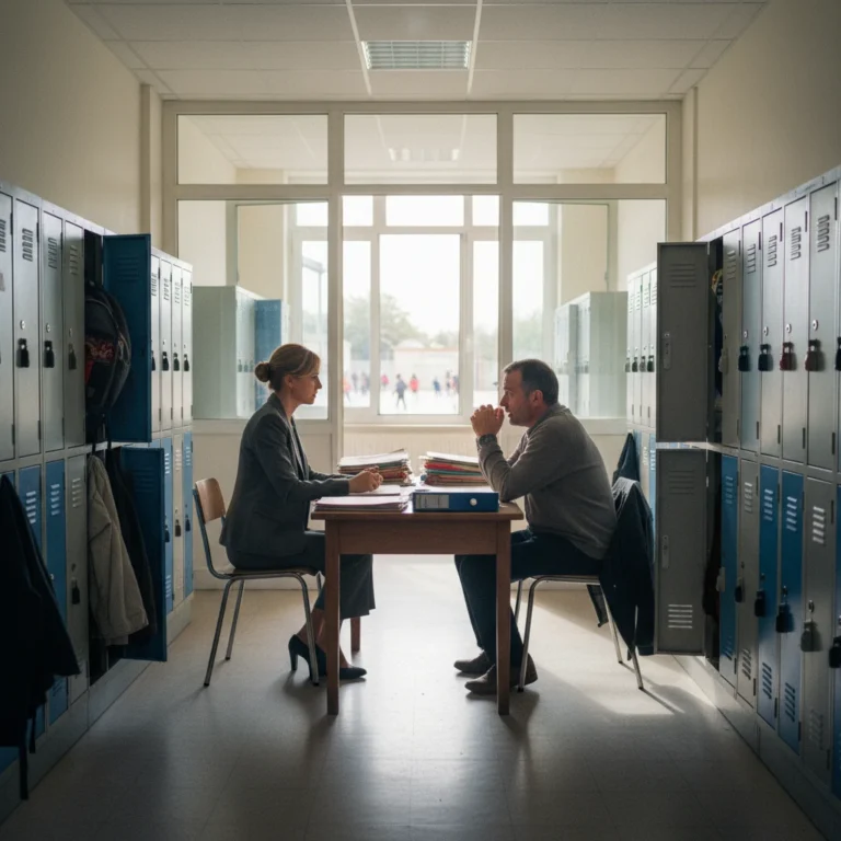 Parent discutant avec un chef d'établissement scolaire au sujet du harcèlement scolaire de son enfant