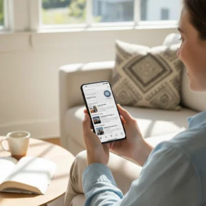 Smartphone affichant une interface pour créer une application sans coder grâce à l'intelligence artificielle