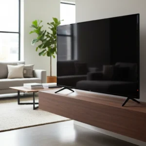 Téléviseur LG moderne éteint dans un salon avec voyant lumineux, illustrant les risques de sécurité