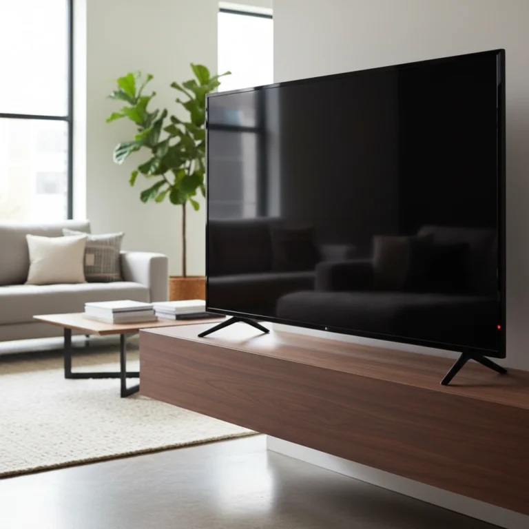 Téléviseur LG moderne éteint dans un salon avec voyant lumineux, illustrant les risques de sécurité