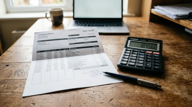 Fiche de paie avec stylo et calculatrice sur un bureau