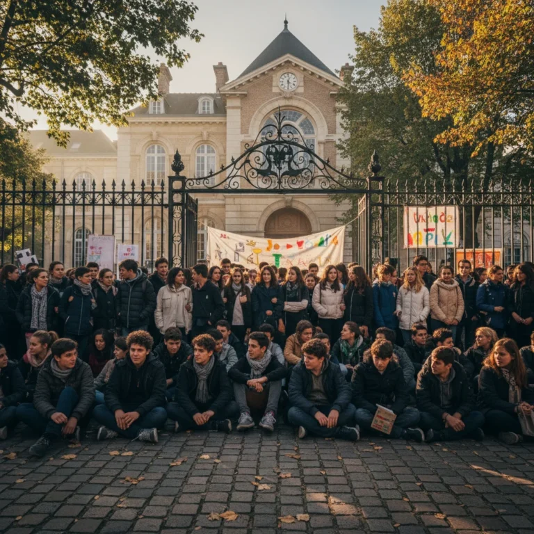 Entrée d'un lycée français lors d'un blocus étudiant organisé par des lycéens pour revendiquer